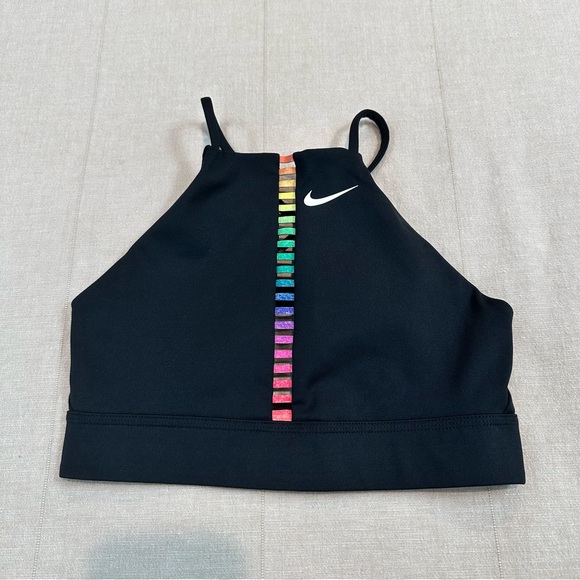 Nike Strappy Dri Fit Indy Rainbow Ladder Colorful Pride Striped Black Sports Bra - Picture 3 of 7